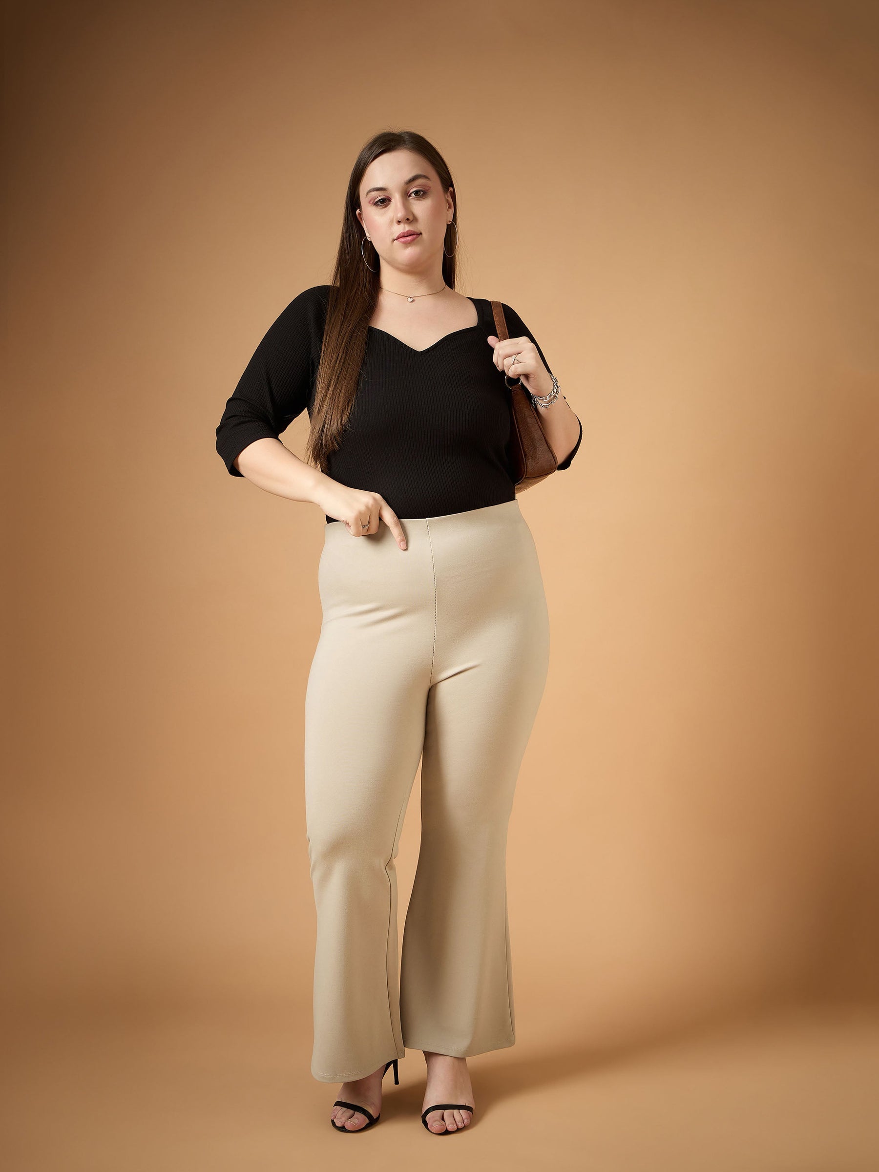 Light Beige Flared Bell Bottom Pants-SASSAFRAS Curve