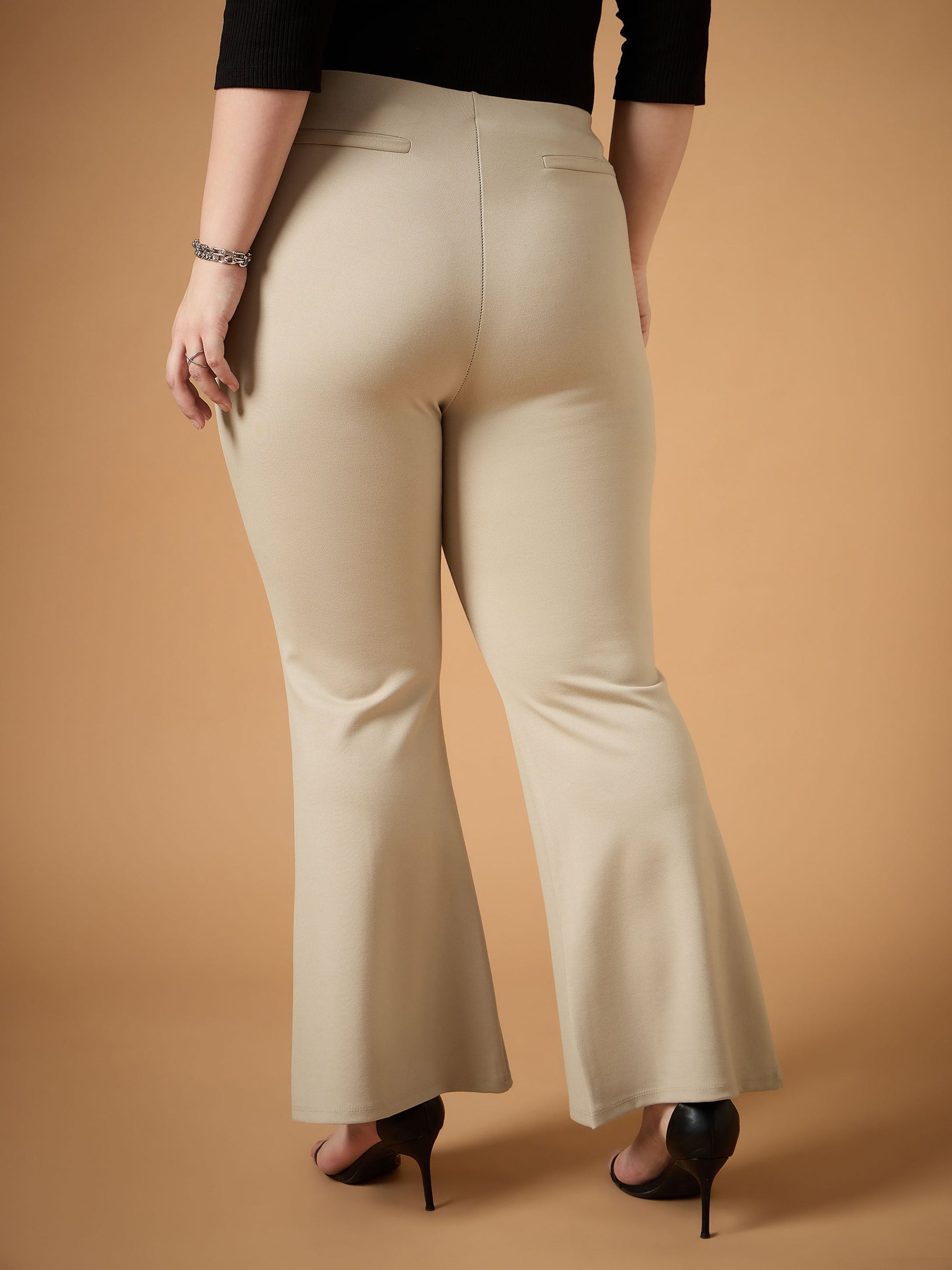 Light Beige Flared Bell Bottom Pants-SASSAFRAS Curve