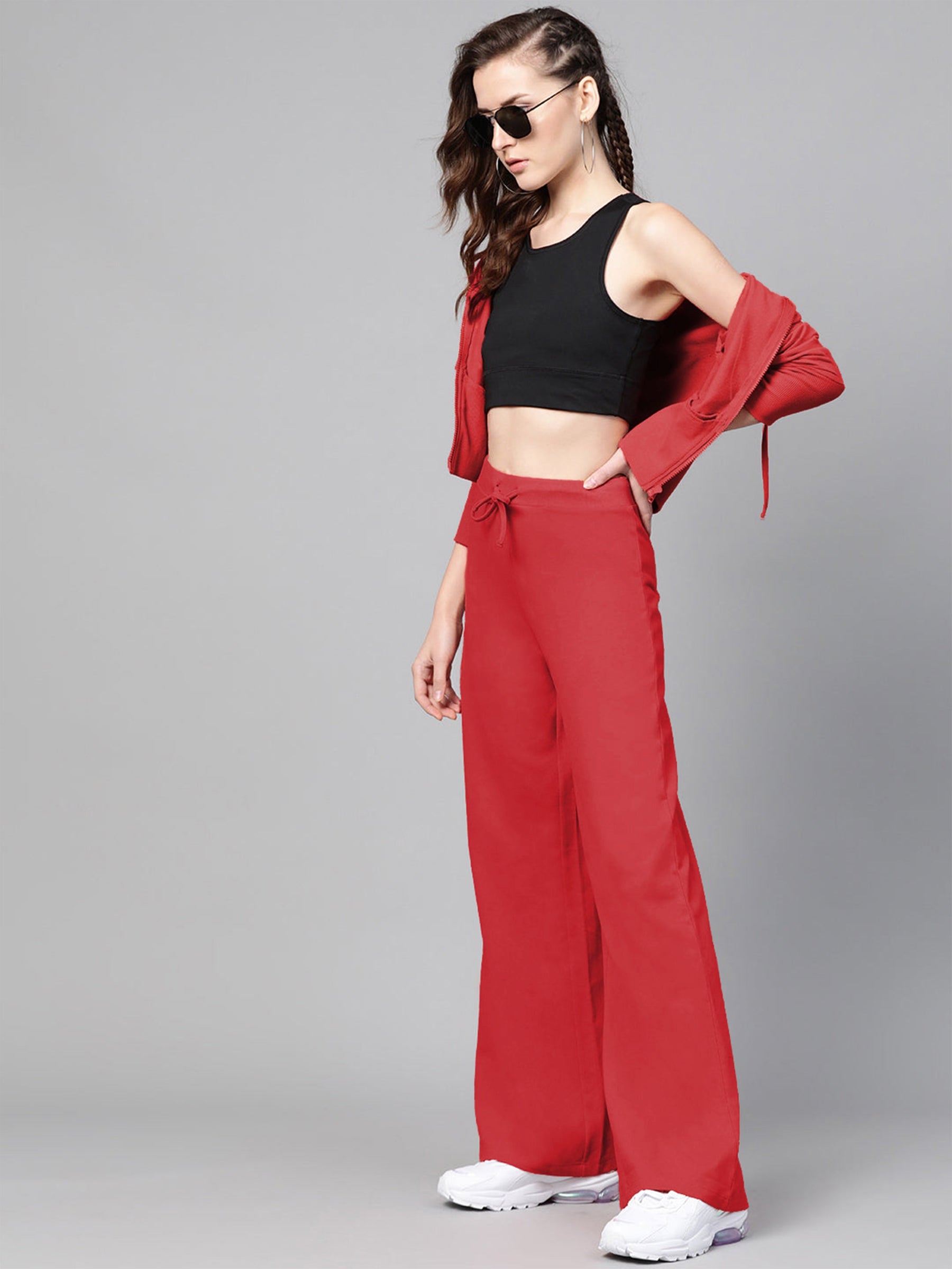 Buy Red Terry Wide Leg Drawstring Pants Online At Best Price