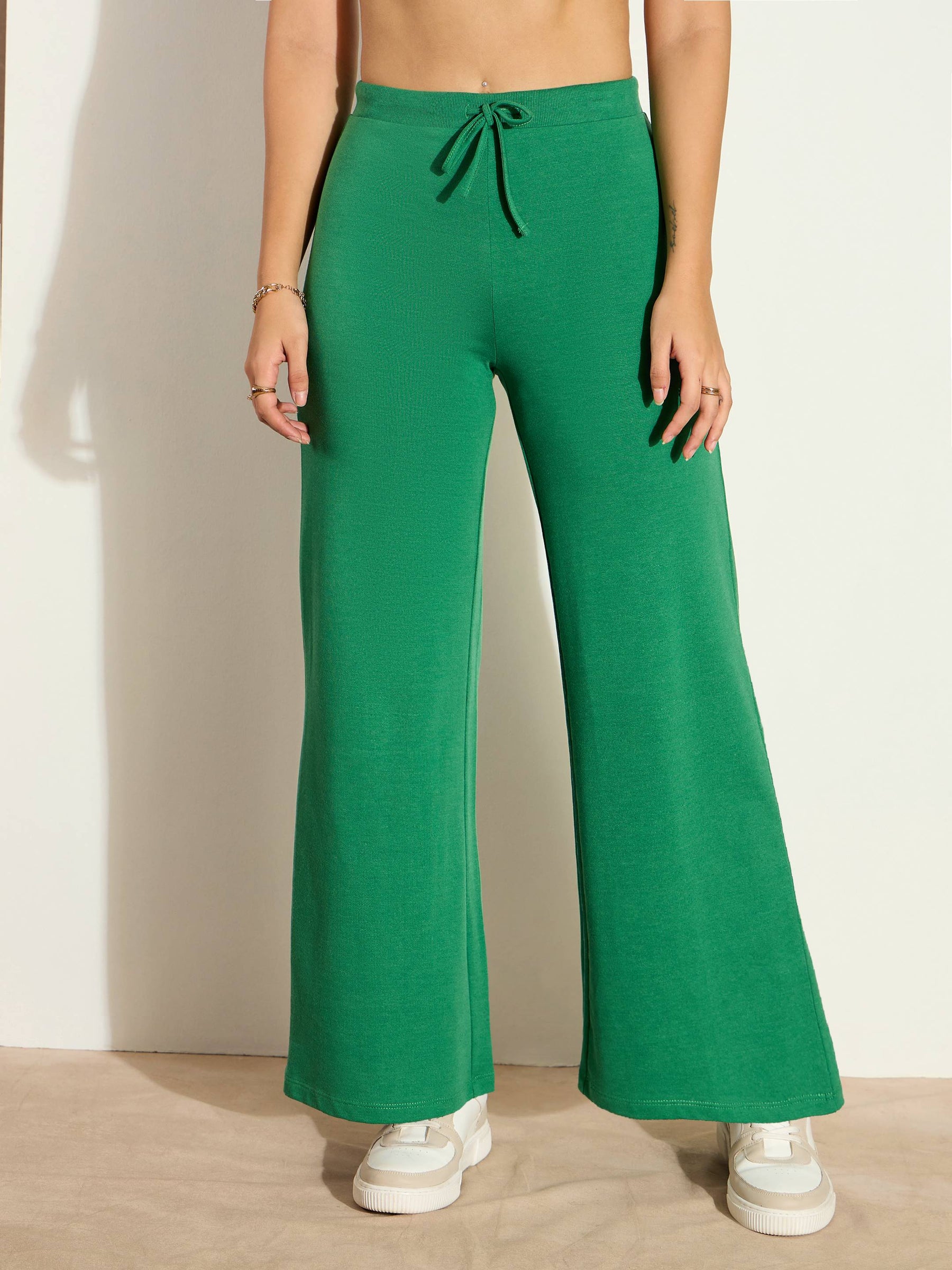 Green Terry Wide Leg Drawstring Pants-SASSAFRAS