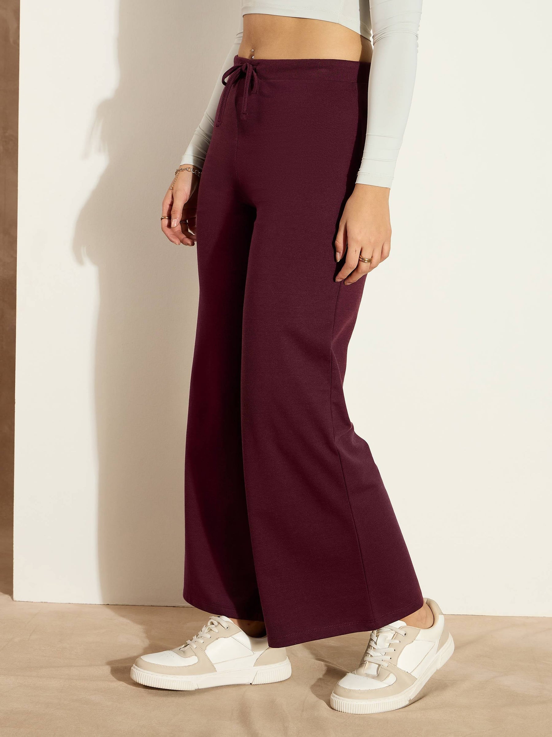 Burgundy Terry Wide Leg Drawstring Pants-SASSAFRAS