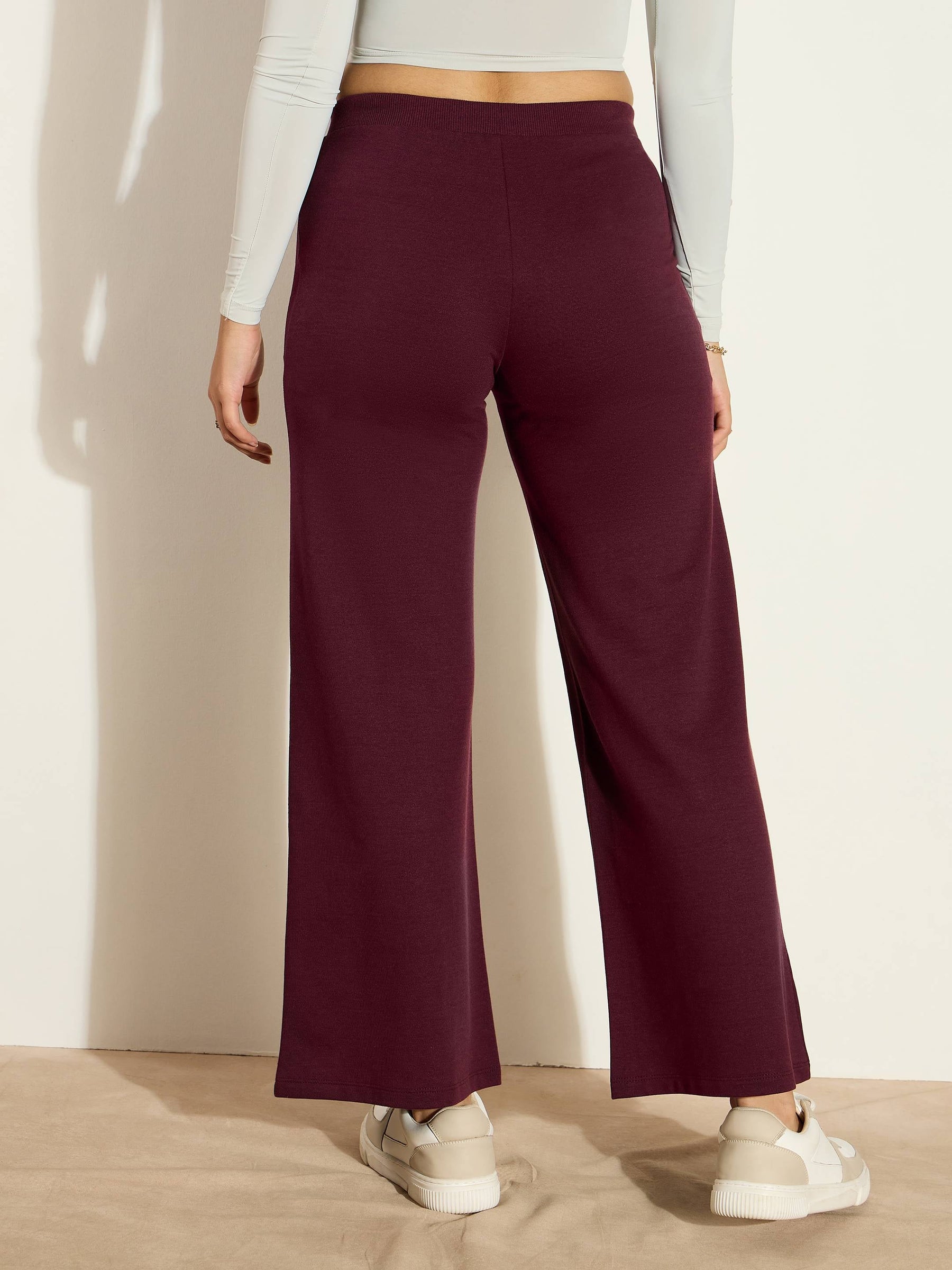 Burgundy Terry Wide Leg Drawstring Pants-SASSAFRAS