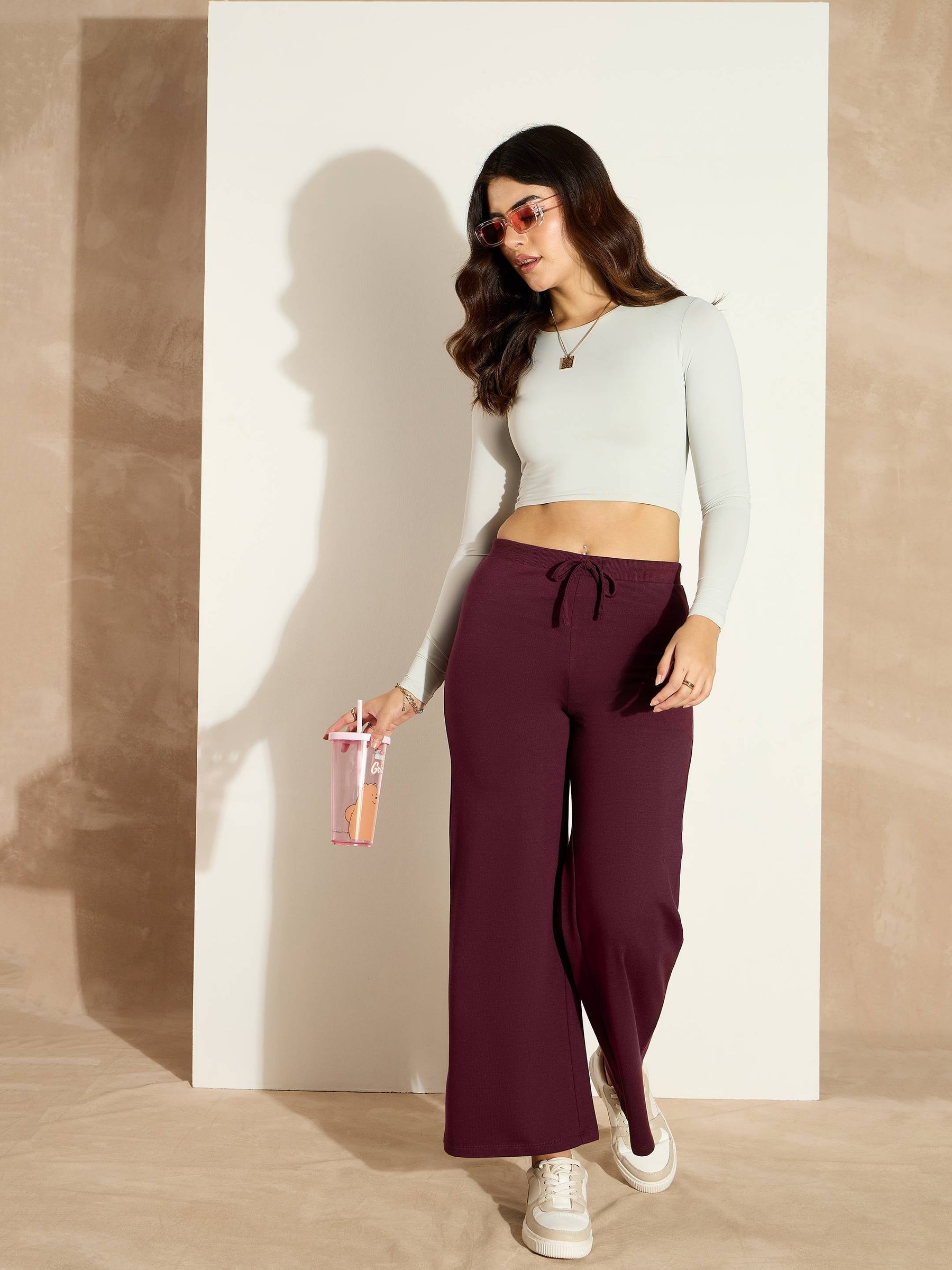 Burgundy Terry Wide Leg Drawstring Pants-SASSAFRAS