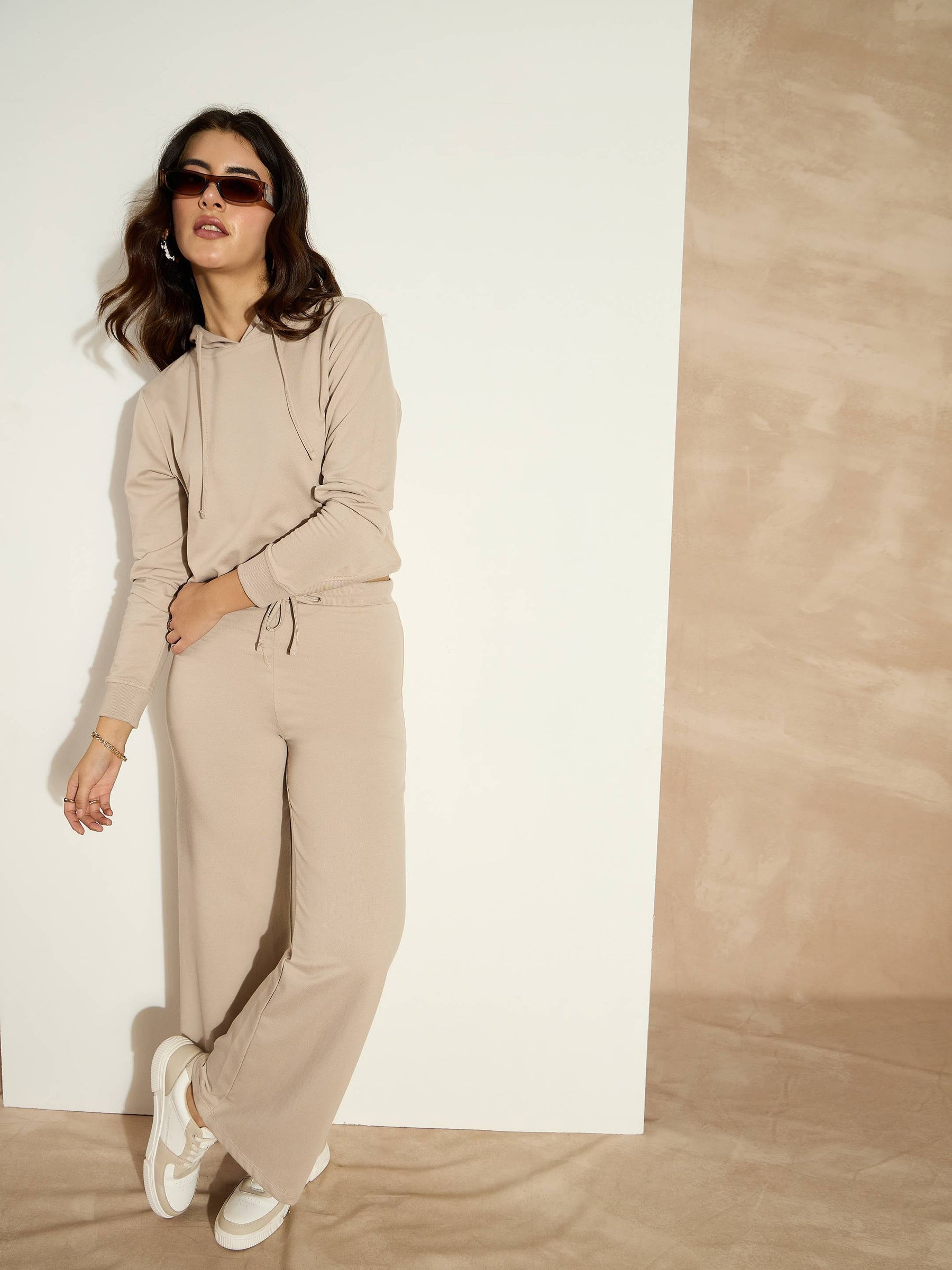 Taupe Terry Wide Leg Drawstring Pants-SASSAFRAS