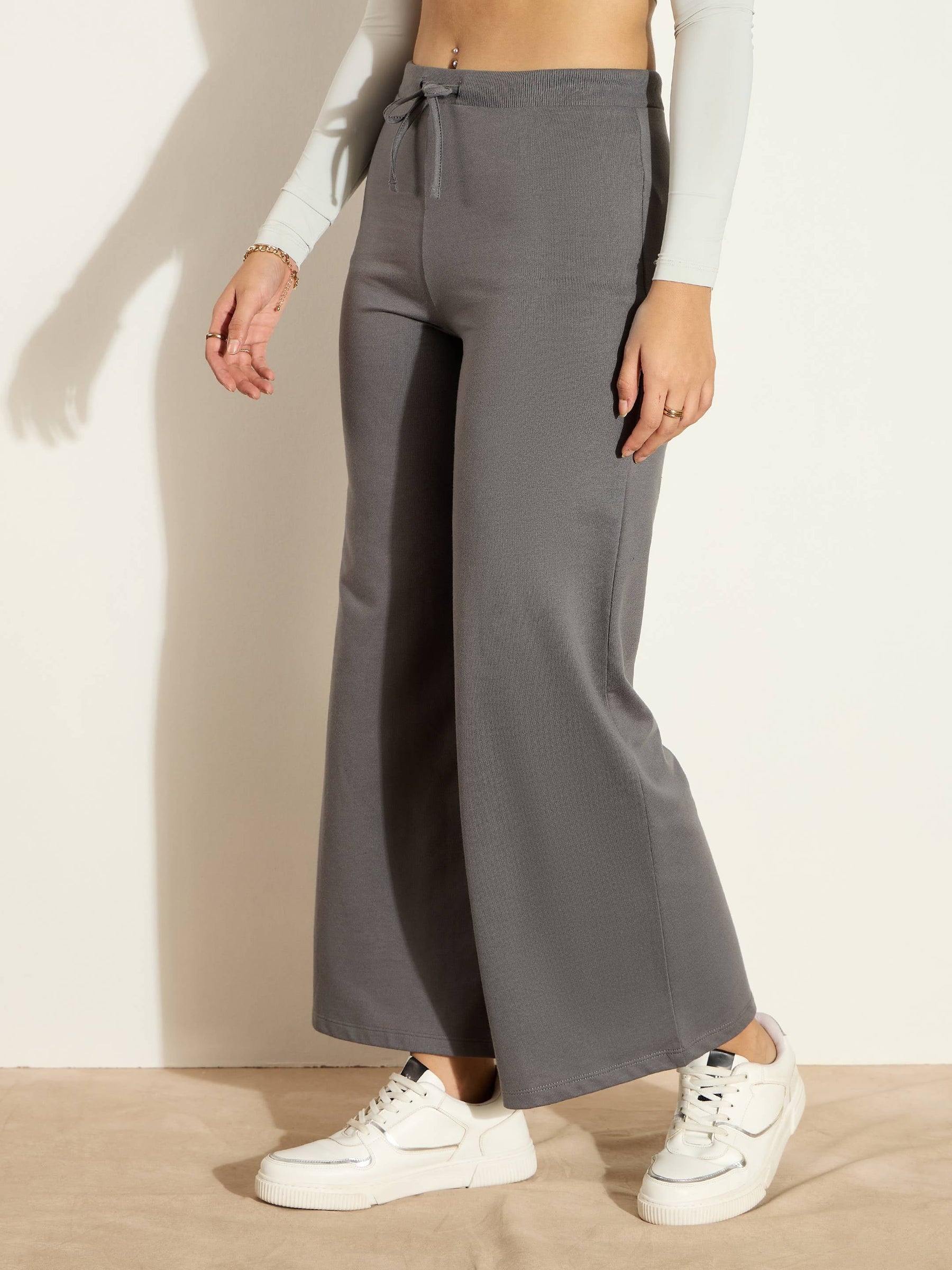 Dark Grey Terry Wide Leg Drawstring Pants-SASSAFRAS