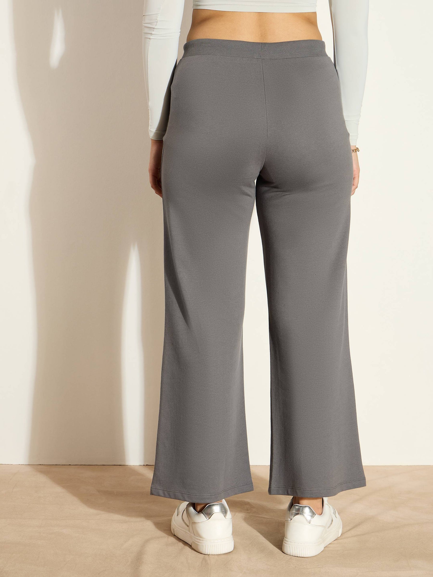 Dark Grey Terry Wide Leg Drawstring Pants-SASSAFRAS