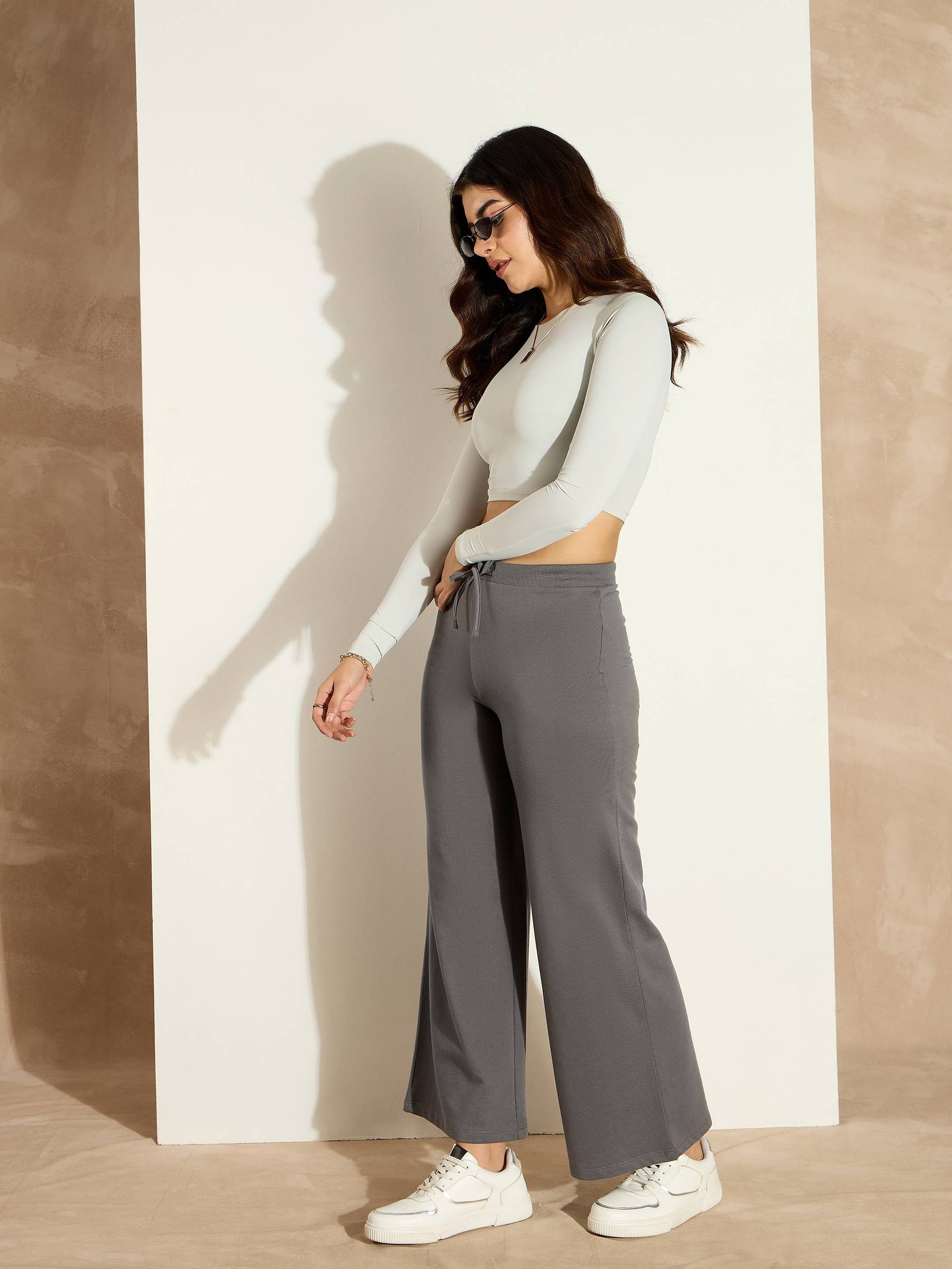 Dark Grey Terry Wide Leg Drawstring Pants-SASSAFRAS