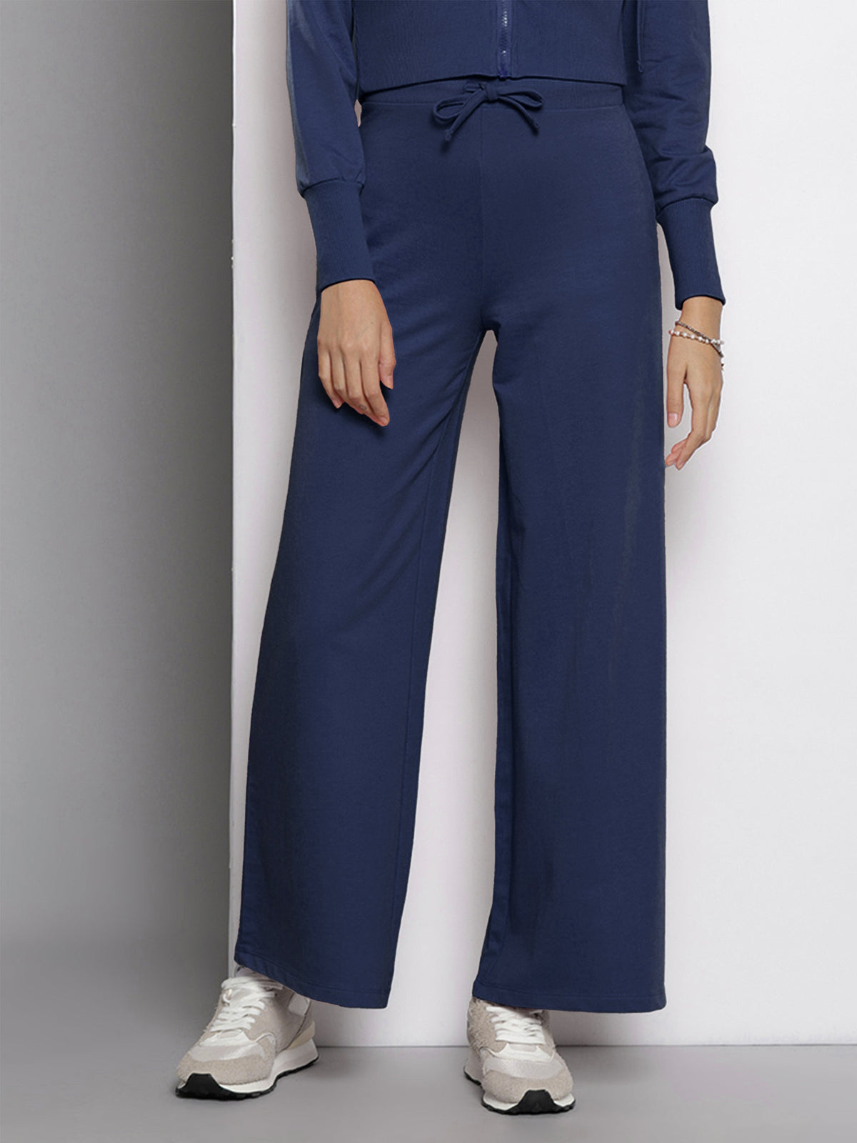 Navy Blue Terry Wide Leg Drawstring Pants-SASSAFRAS