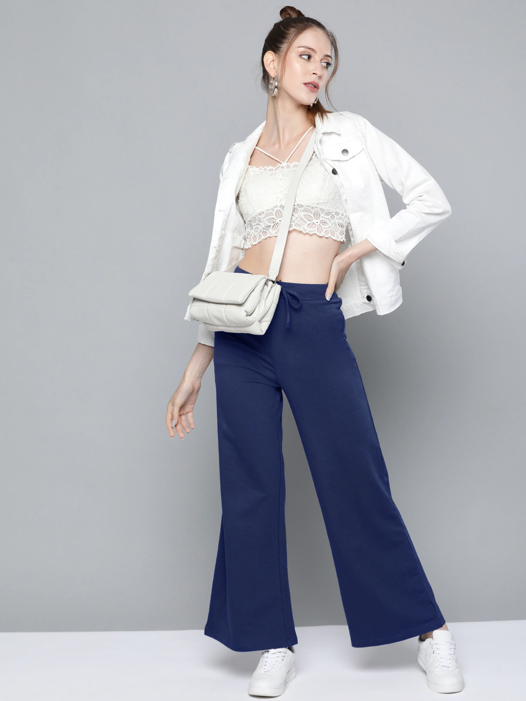 Women Navy Blue Terry Wide Leg Drawstring Pants