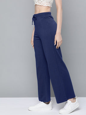 Navy Blue Terry Wide Leg Drawstring Pants-SASSAFRAS