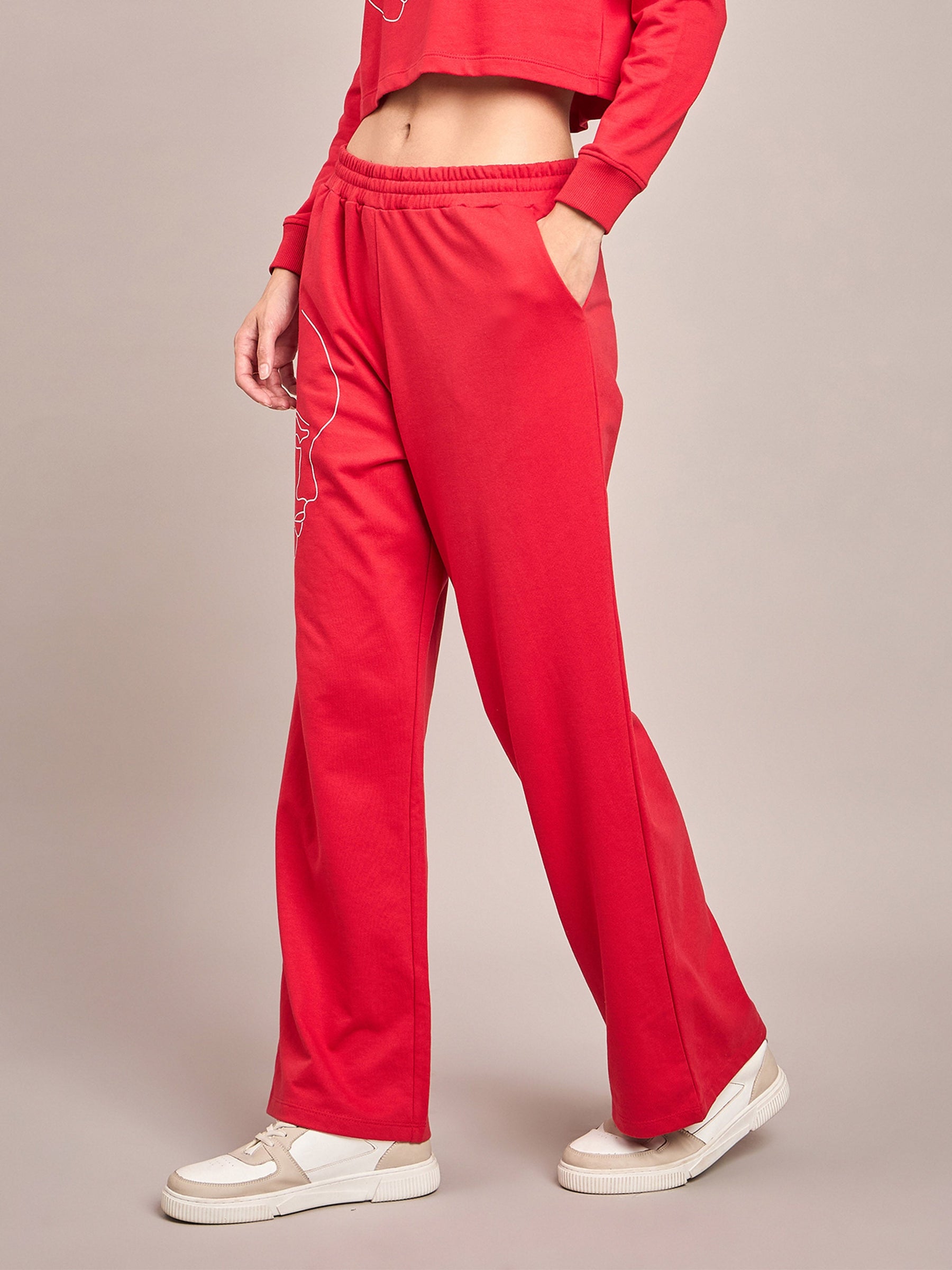 Red Terry Line Art Track Pants-SASSAFRAS