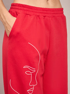 Red Terry Line Art Track Pants-SASSAFRAS