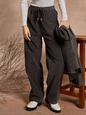 Dark Grey Corduroy Straight Pants-SASSAFRAS