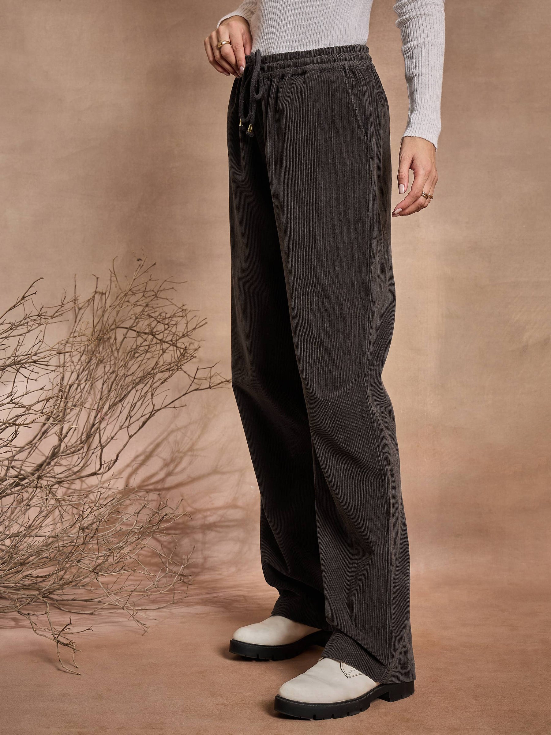 Dark Grey Corduroy Straight Pants-SASSAFRAS