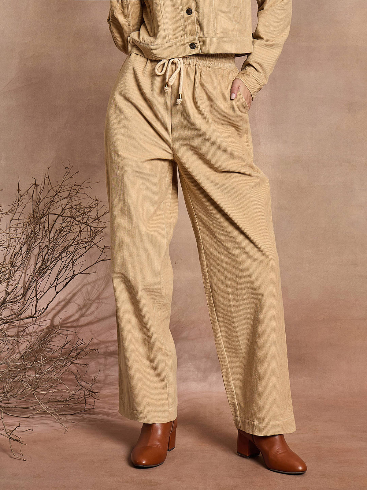 Beige Corduroy Straight Pants-SASSAFRAS