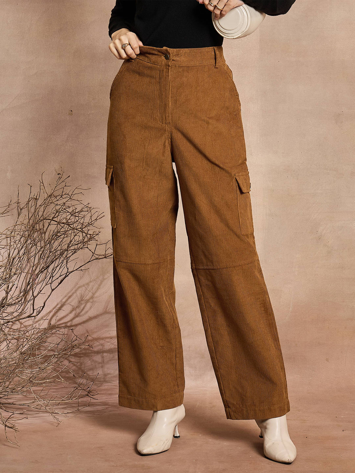 Brown Corduroy Straight Fit Cargo Pants-SASSAFRAS