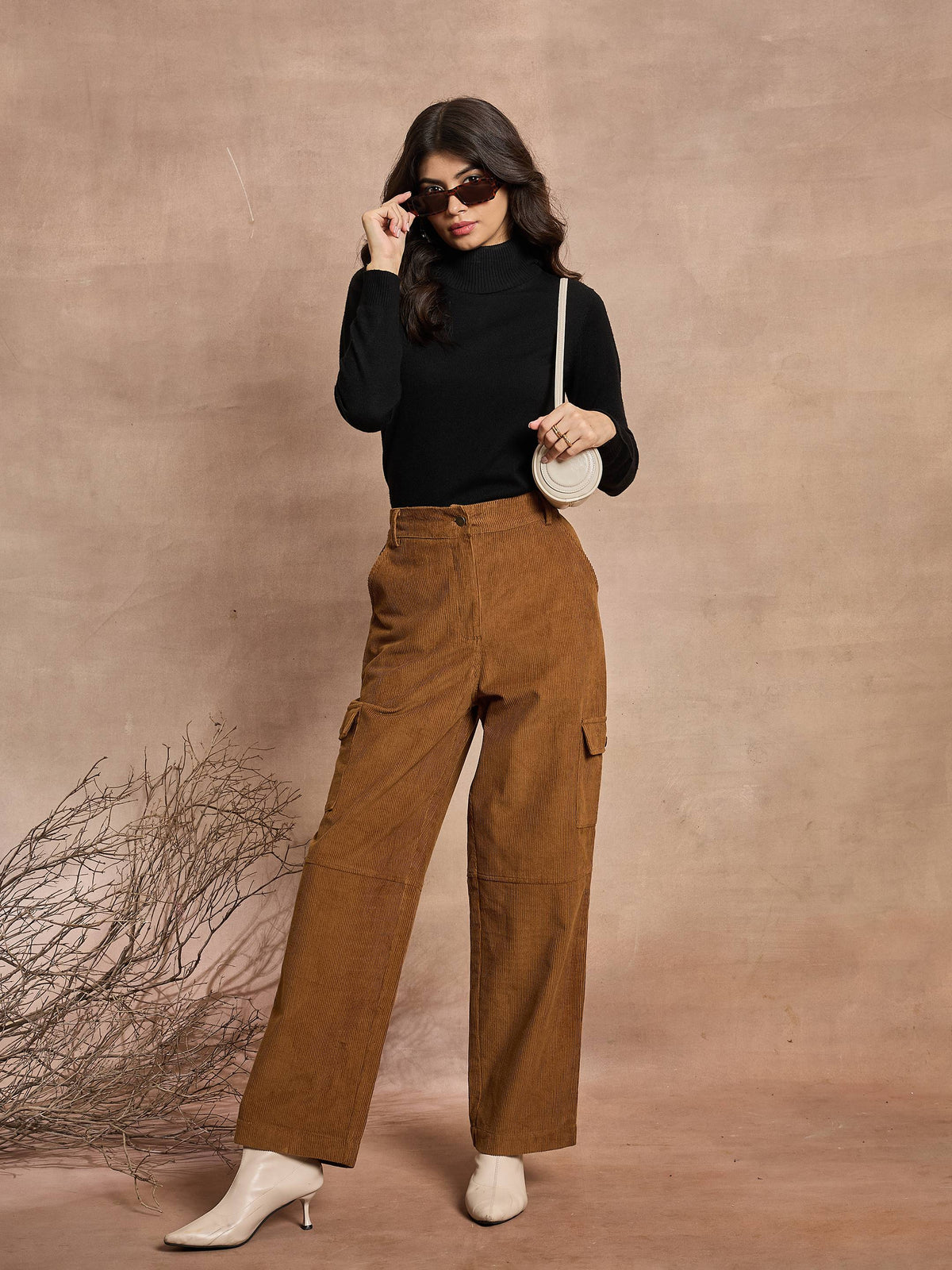 Brown Corduroy Straight Fit Cargo Pants-SASSAFRAS