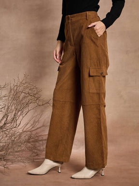 Brown Corduroy Straight Fit Cargo Pants-SASSAFRAS