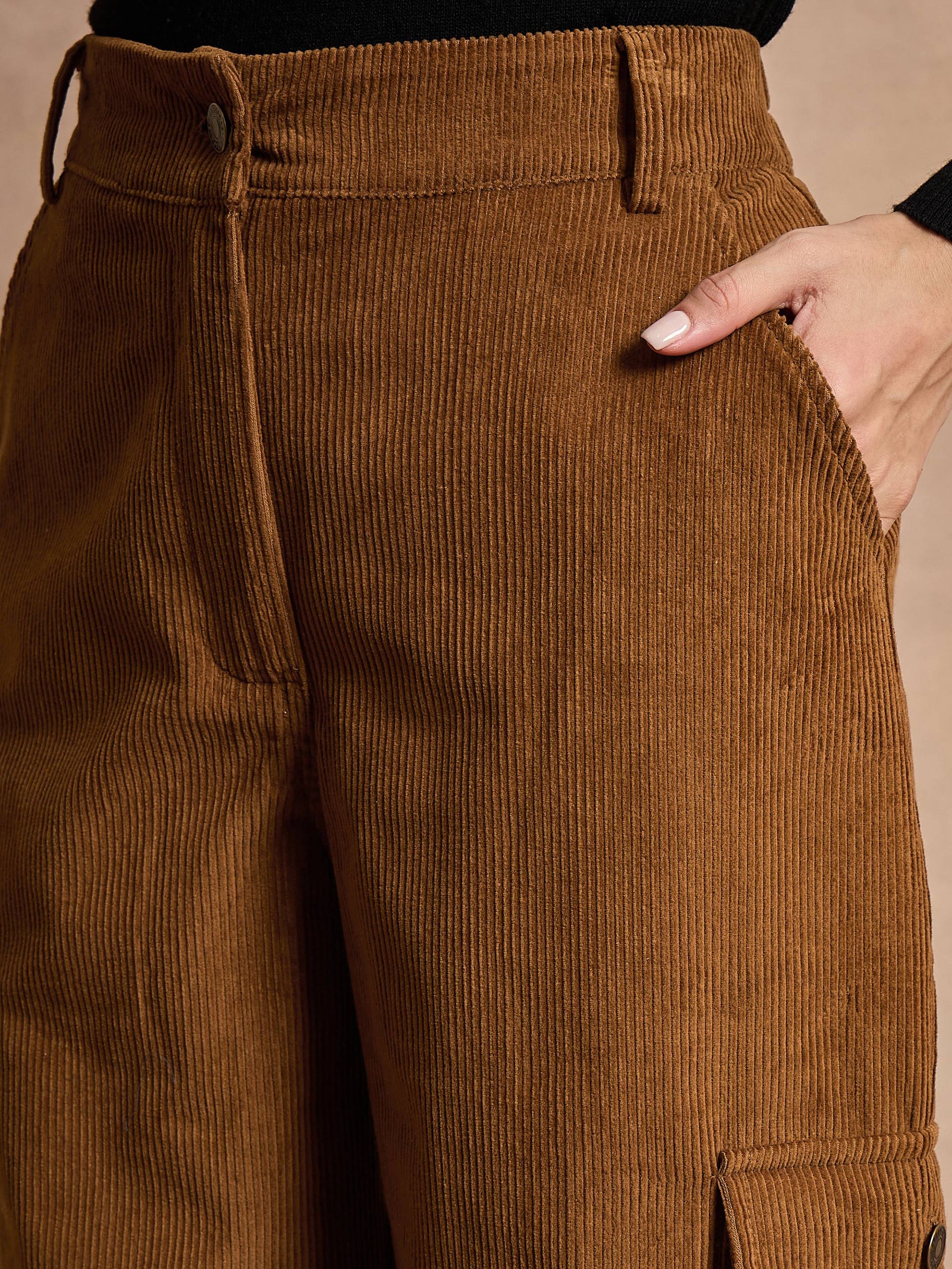 Brown Corduroy Straight Fit Cargo Pants-SASSAFRAS