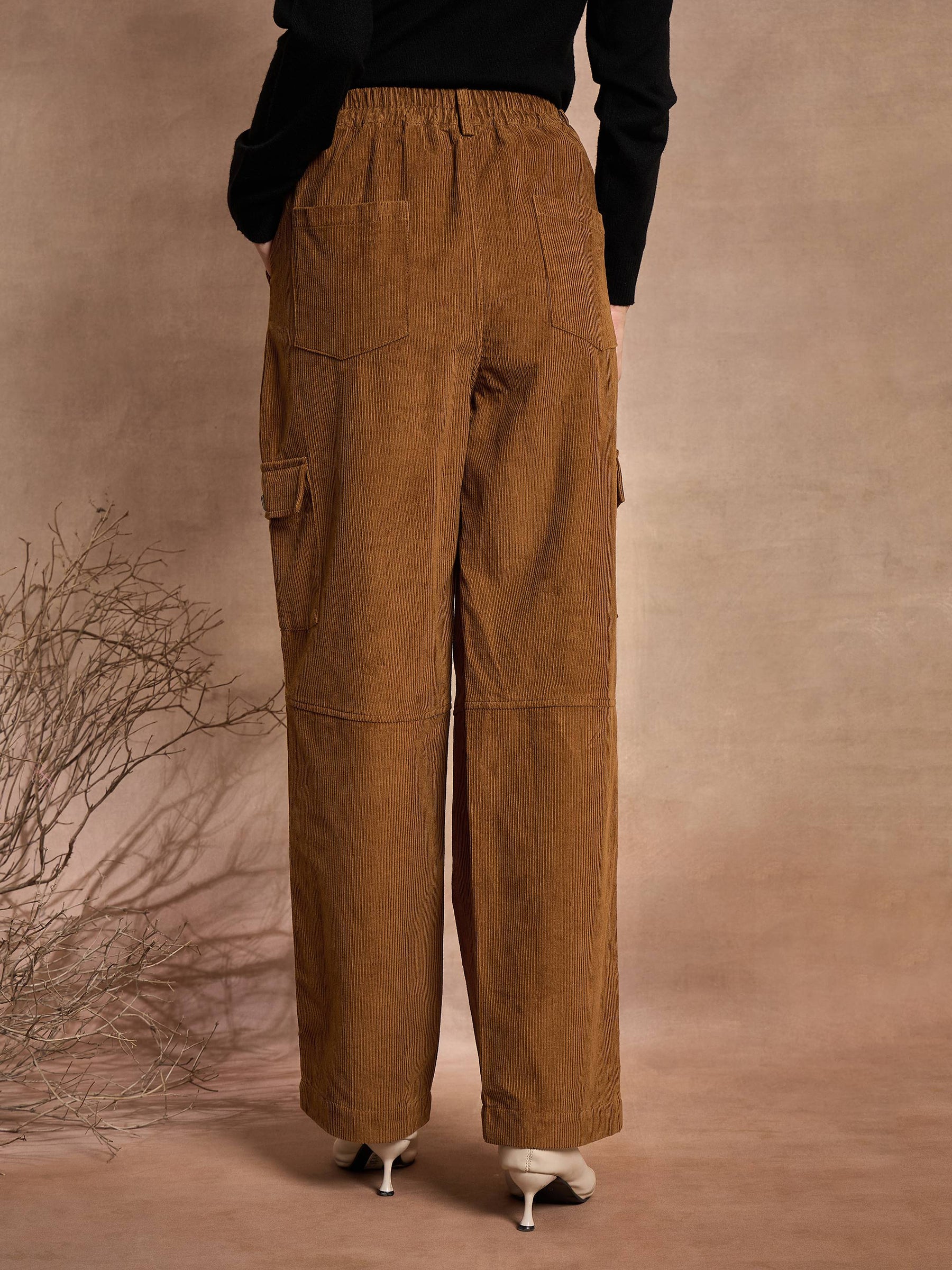 Brown Corduroy Straight Fit Cargo Pants-SASSAFRAS