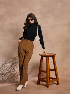 Brown Corduroy Straight Fit Cargo Pants-SASSAFRAS