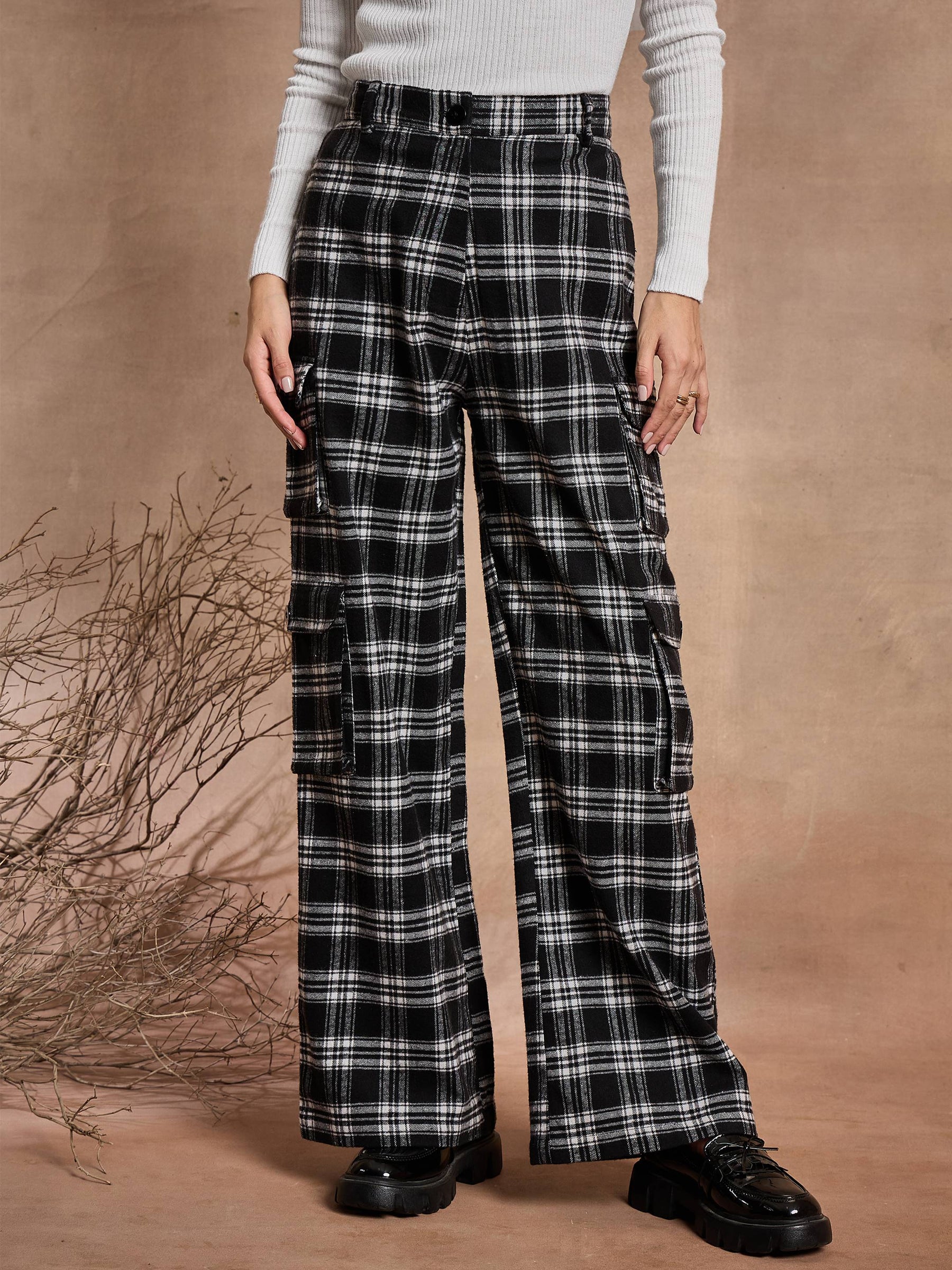 Black Check Straight Fit Cargo Pants-SASSAFRAS