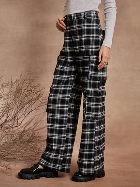 Black Check Straight Fit Cargo Pants-SASSAFRAS