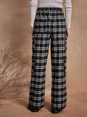 Black Check Straight Fit Cargo Pants-SASSAFRAS