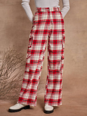 Red & White Check Straight Fit Cargo Pants-SASSAFRAS