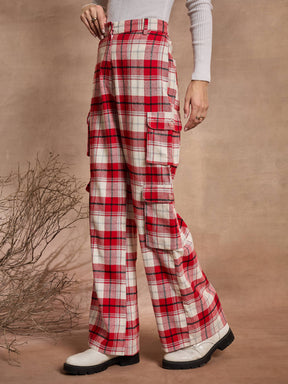 Red & White Check Straight Fit Cargo Pants-SASSAFRAS