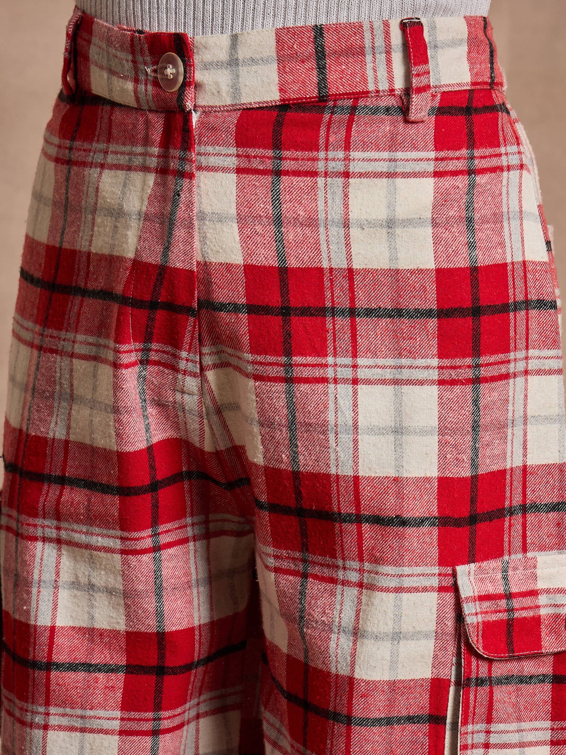 Red & White Check Straight Fit Cargo Pants-SASSAFRAS