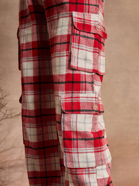 Red & White Check Straight Fit Cargo Pants-SASSAFRAS