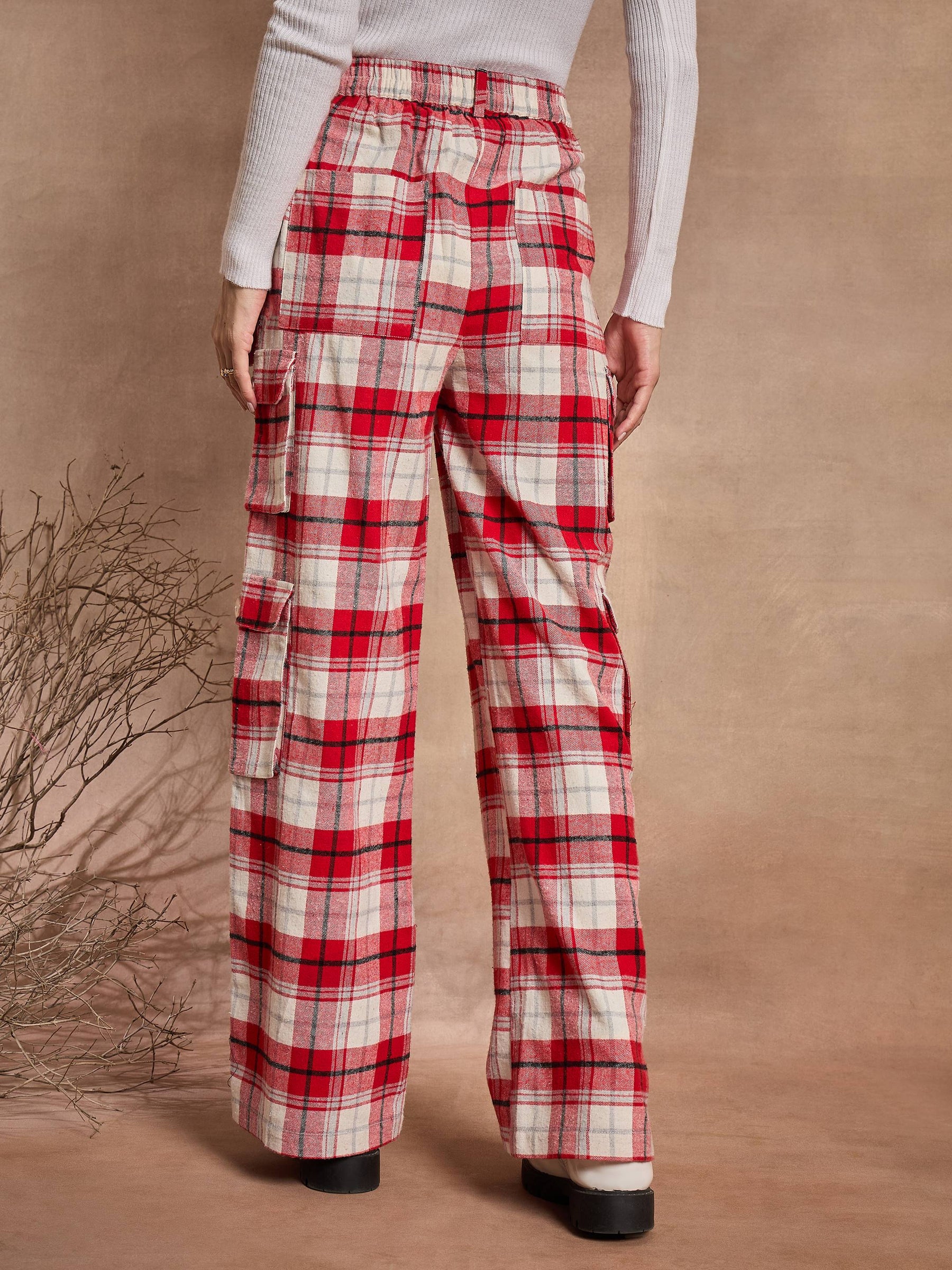 Red & White Check Straight Fit Cargo Pants-SASSAFRAS