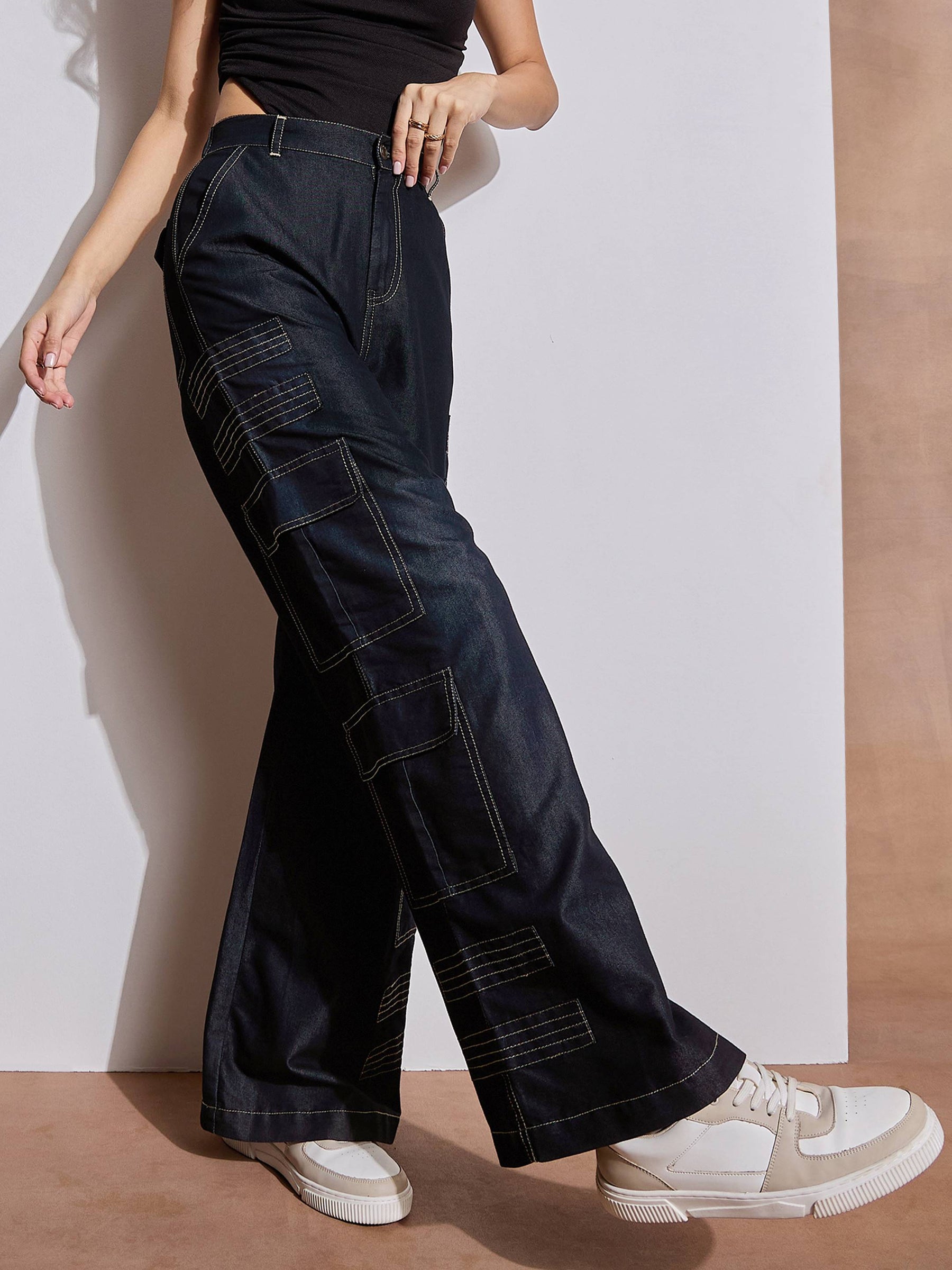 Black Tencel Contrast Stitch Cargo Pants-SASSAFRAS