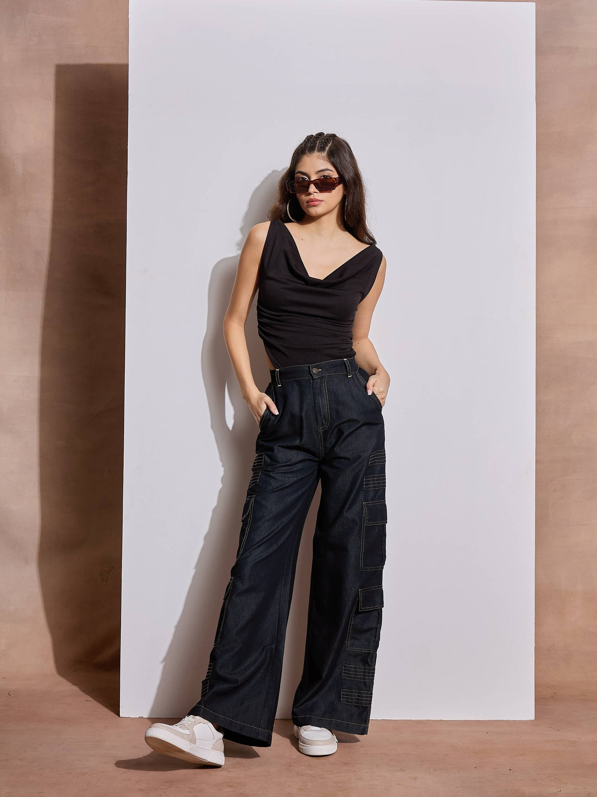 Black Tencel Contrast Stitch Cargo Pants-SASSAFRAS