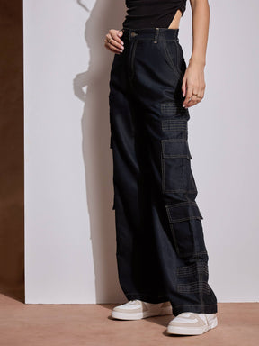 Black Tencel Contrast Stitch Cargo Pants-SASSAFRAS