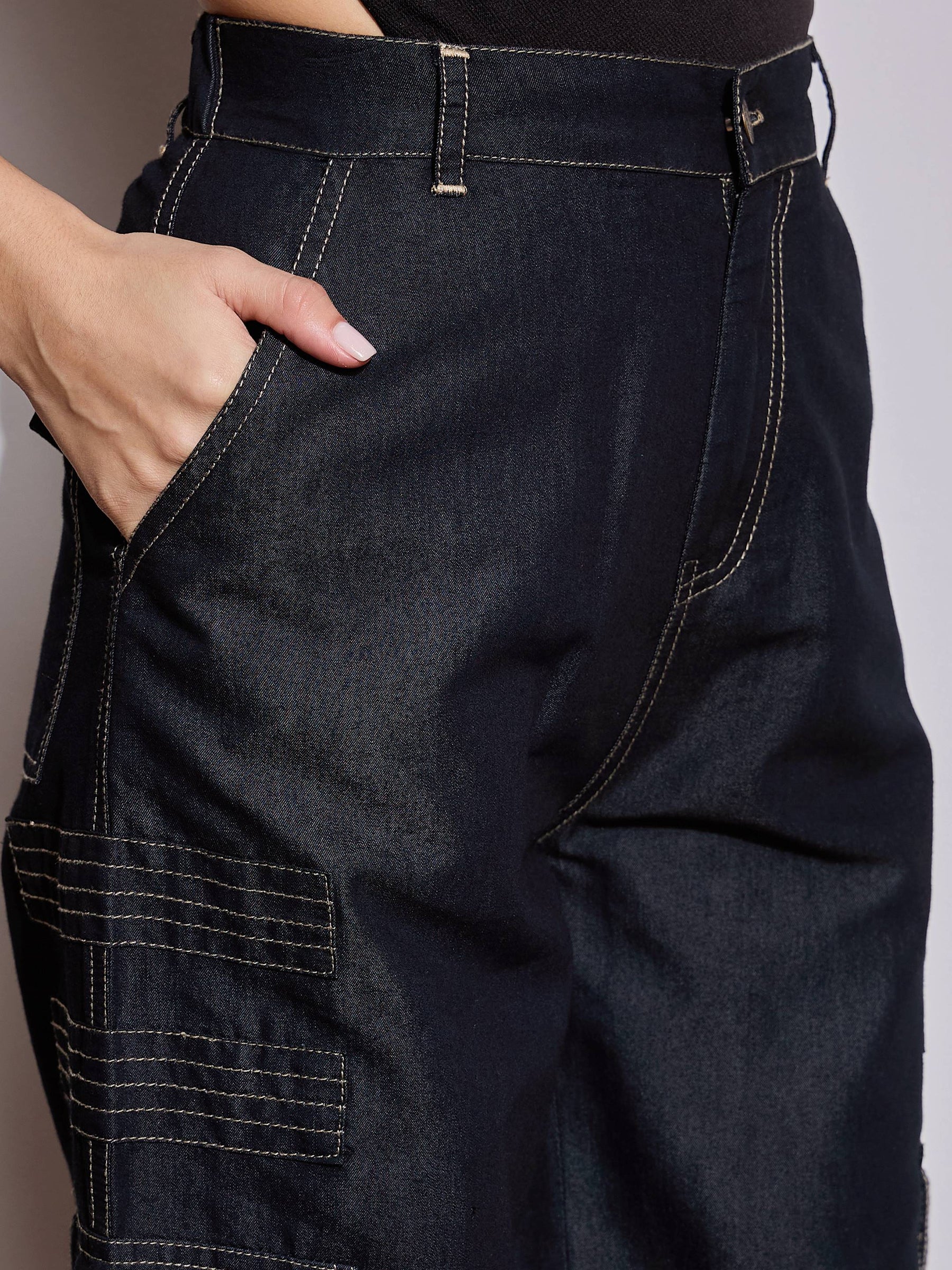 Black Tencel Contrast Stitch Cargo Pants-SASSAFRAS