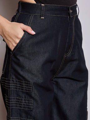 Black Tencel Contrast Stitch Cargo Pants-SASSAFRAS