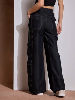 Black Tencel Contrast Stitch Cargo Pants-SASSAFRAS