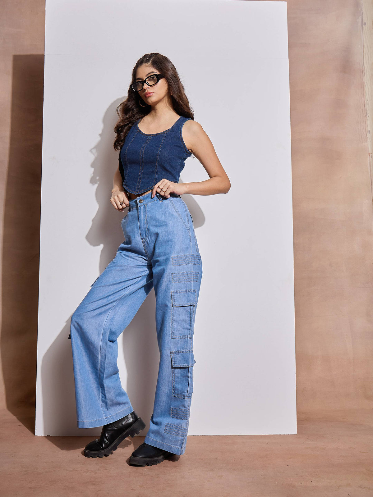 Ice Blue Tencel Contrast Stitch Cargo Pants-SASSAFRAS