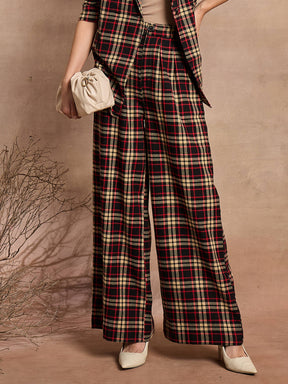 Black & Beige Check High Rise Wide Leg Pants-SASSAFRAS