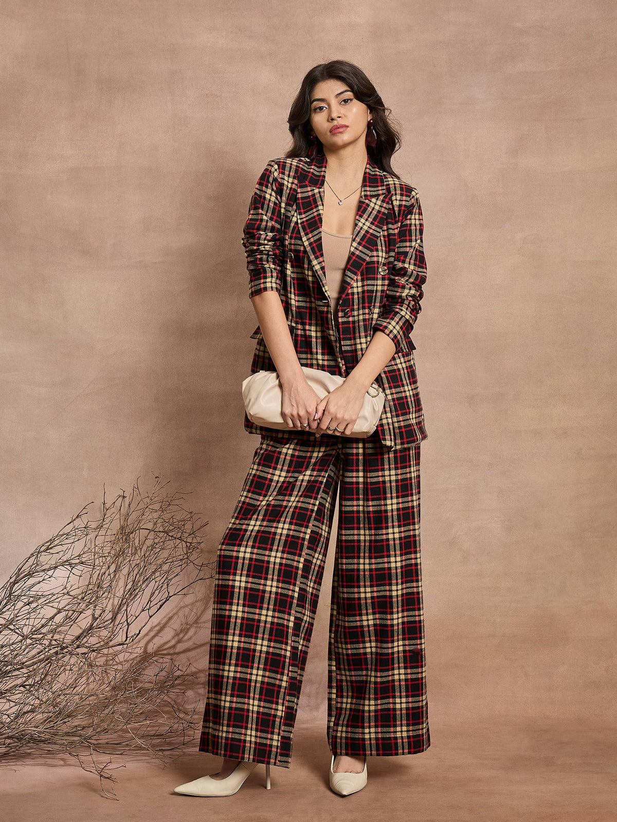 Black & Beige Check High Rise Wide Leg Pants-SASSAFRAS