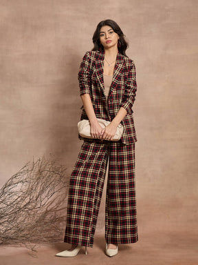 Black & Beige Check High Rise Wide Leg Pants-SASSAFRAS