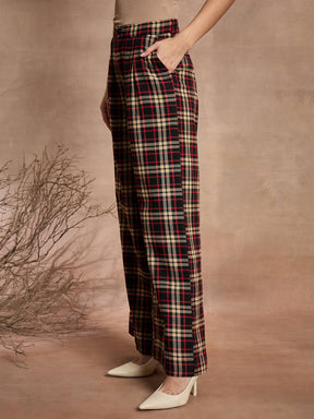 Black & Beige Check High Rise Wide Leg Pants-SASSAFRAS