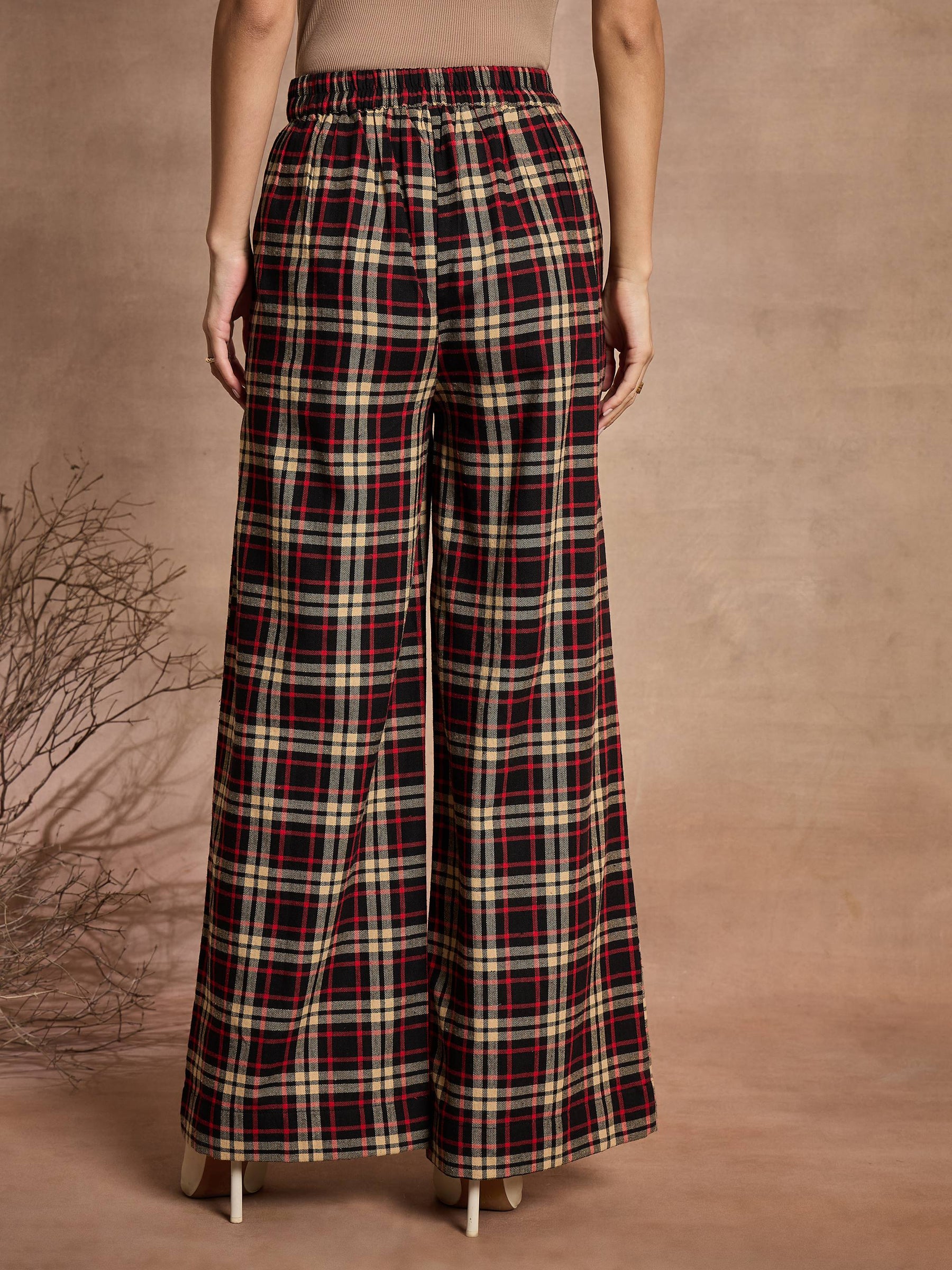 Black & Beige Check High Rise Wide Leg Pants-SASSAFRAS