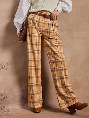 Beige Check High Rise Wide Leg Pants-SASSAFRAS