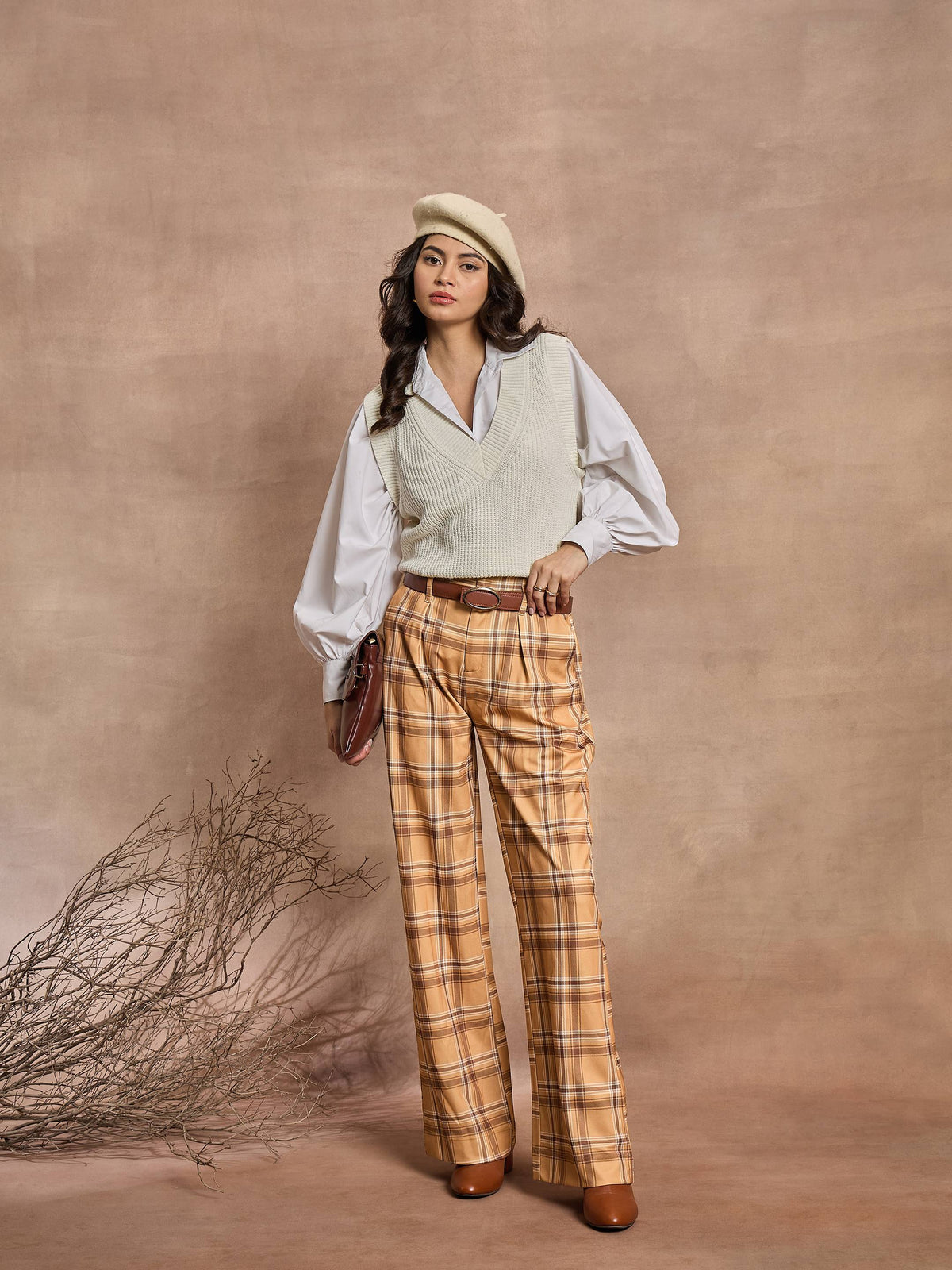 Beige Check High Rise Wide Leg Pants-SASSAFRAS