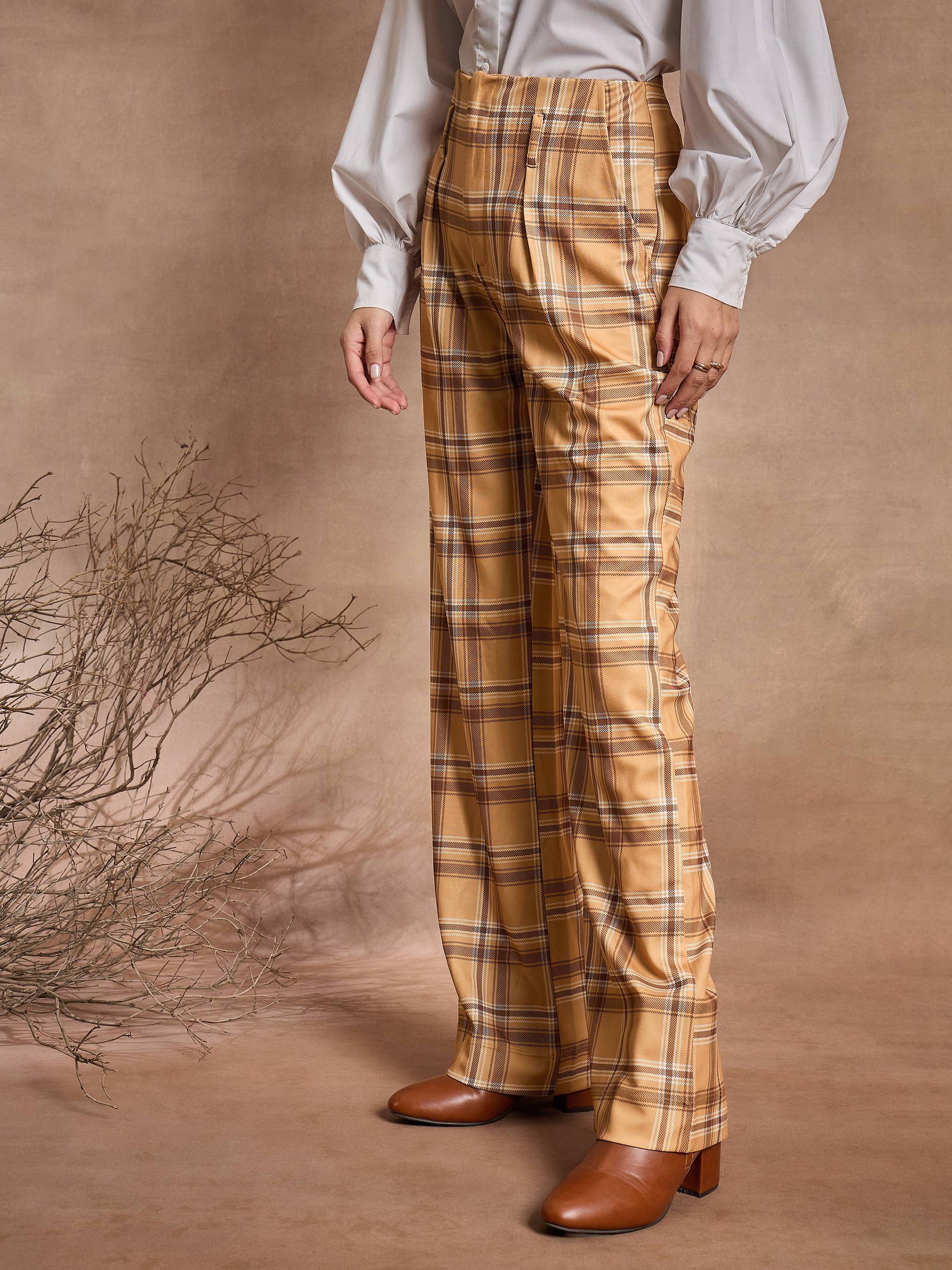 Beige Check High Rise Wide Leg Pants-SASSAFRAS