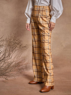 Beige Check High Rise Wide Leg Pants-SASSAFRAS