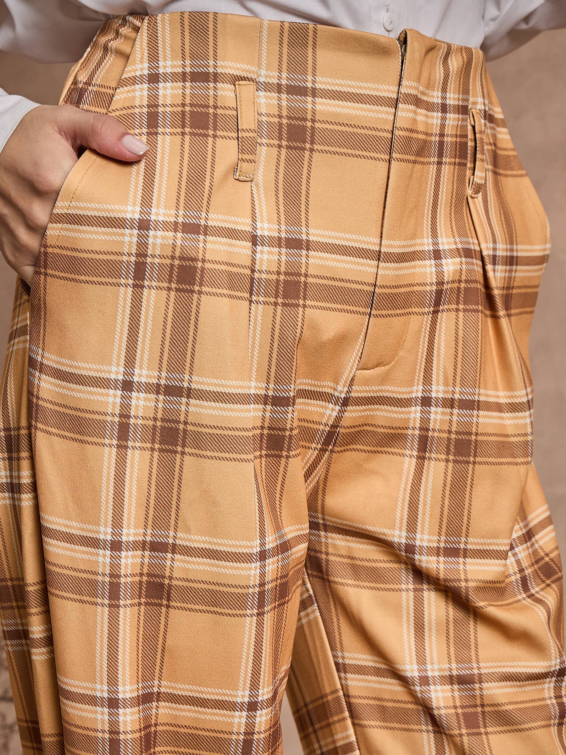 Buy Beige Check High Rise Wide Leg Pants Online At Best Price